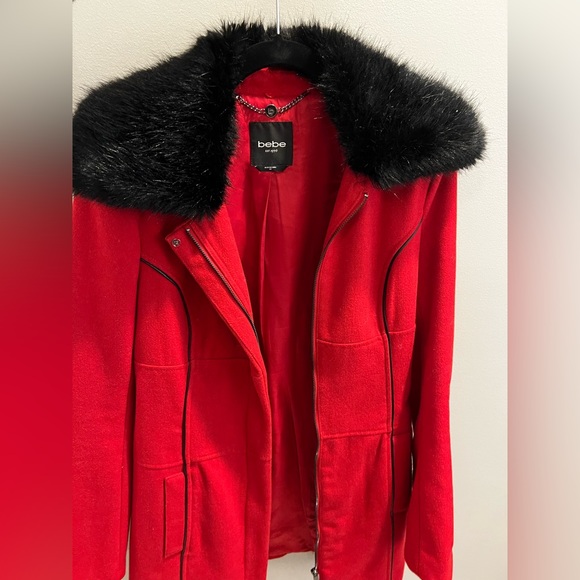 Bebe XS red knee length coat with black fur and leather trim detail - Picture 2 of 4